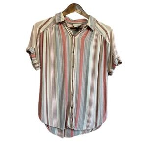 Universal Thread Striped Button Down Women XS Pink Tan Short Sleeve Excellent